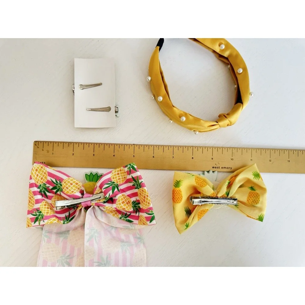 KLASS Girls 4 PCS Lot Summer Fruit Pineapple Hair Bows Clips Pearl Headband NWT